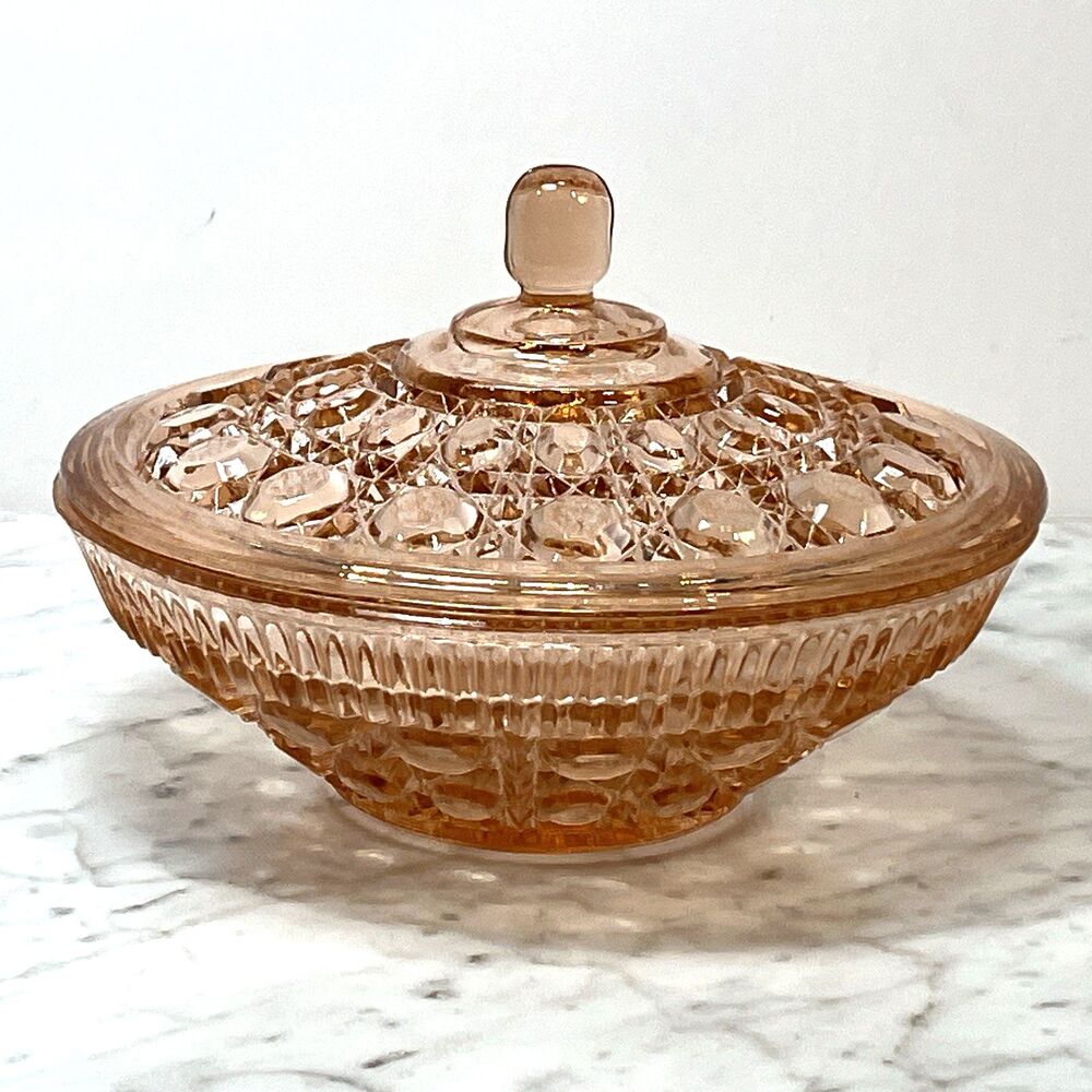 Indiana Glass Windsor Pink Peach Ballad Cane & Button Design Candy Dish & Lid - Picture 2 of 15
